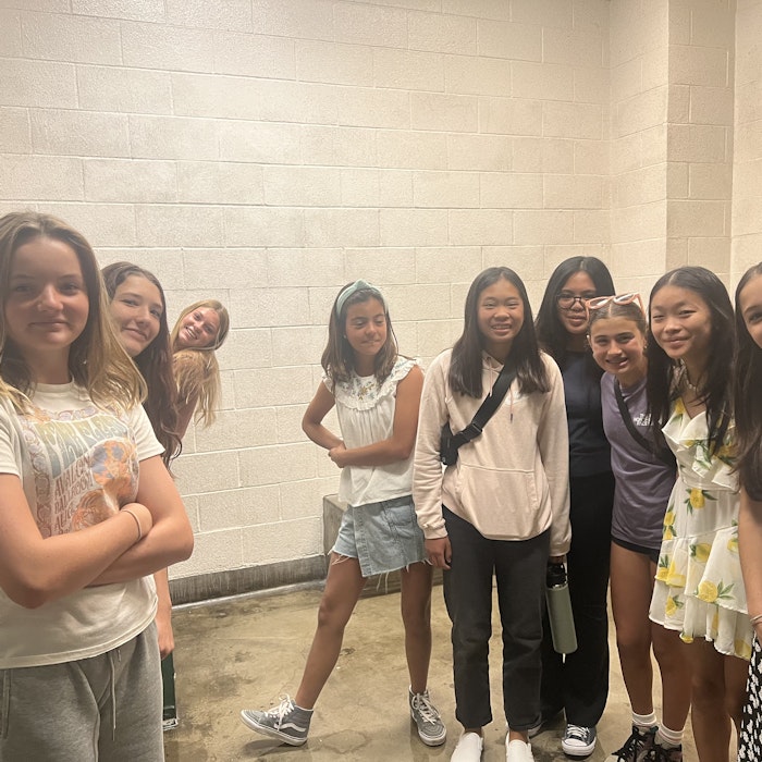 Img: groupshot, person, smile, female, girl, teen, shoe, shorts, glasses, blouse