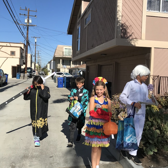 Img: neighborhood, city, street, skirt, dress, handbag, path, costume, person, people