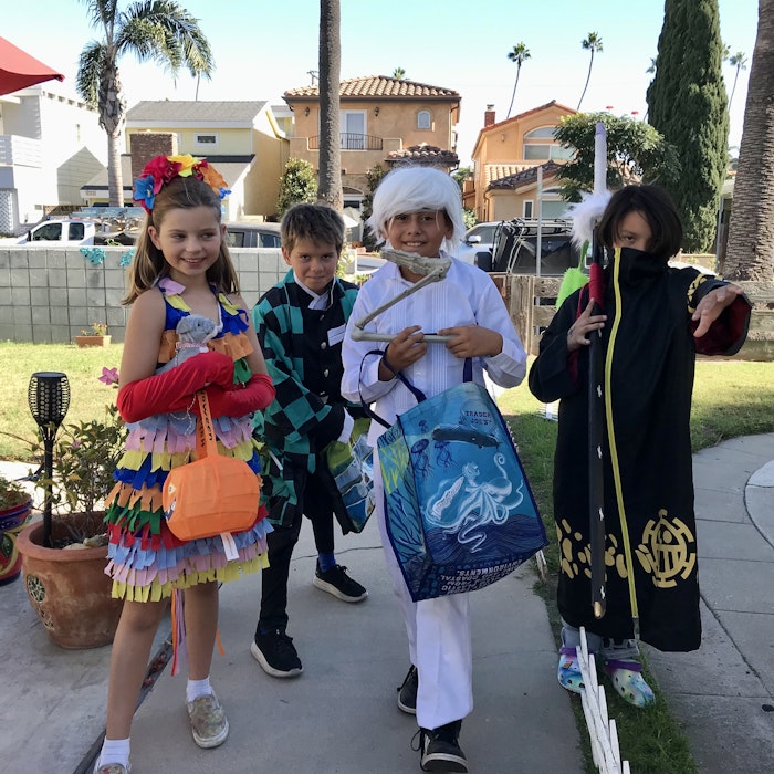 Img: potted plant, shelter, costume, person, neighborhood, dress, handbag, child, female, girl
