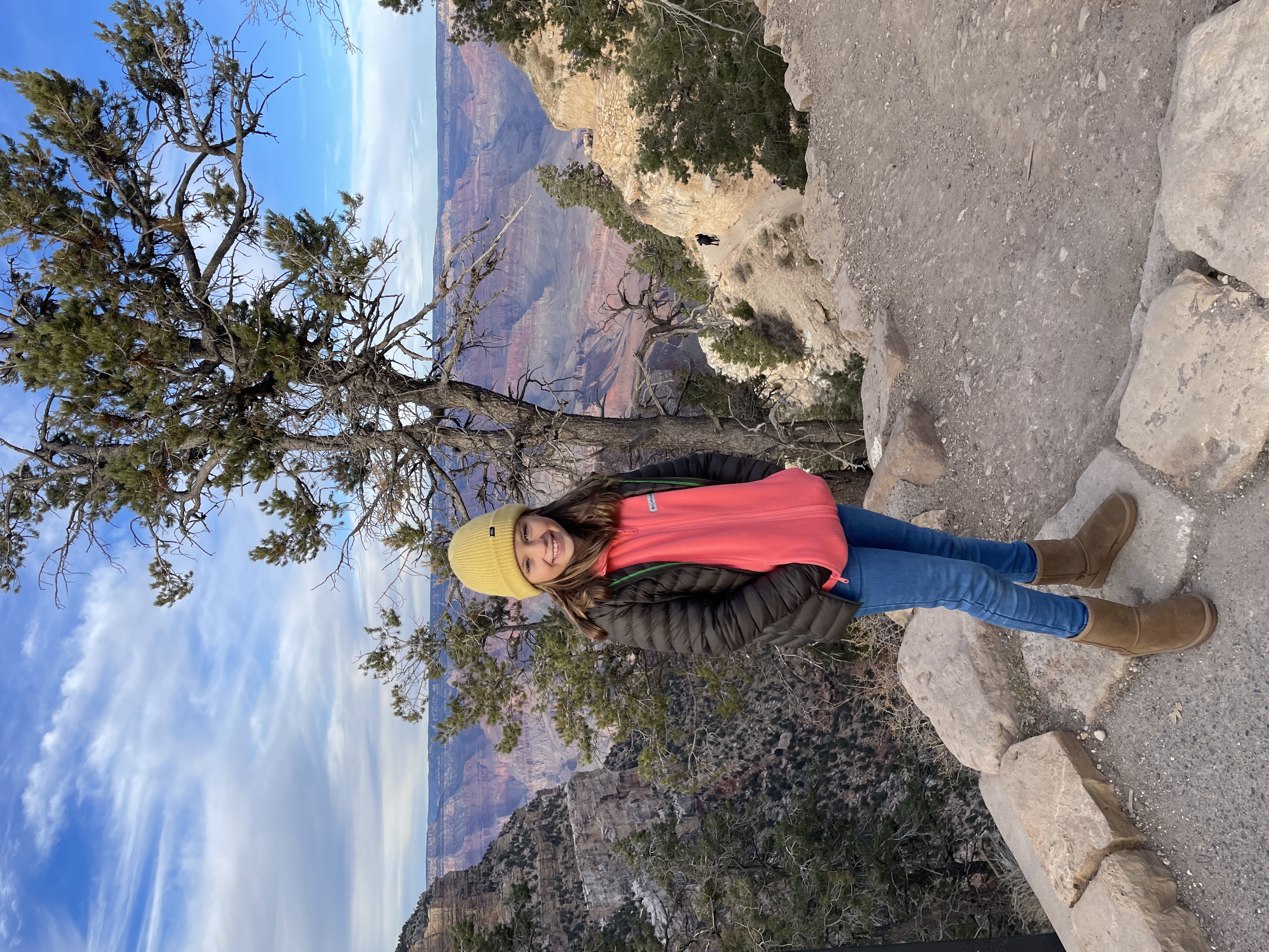 Img: wilderness, pants, hat, coat, hiking, person, cap, rock, girl, teen
