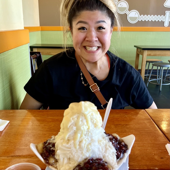 Img: cream, dessert, icing, ice cream, adult, female, person, woman, sundae, spoon