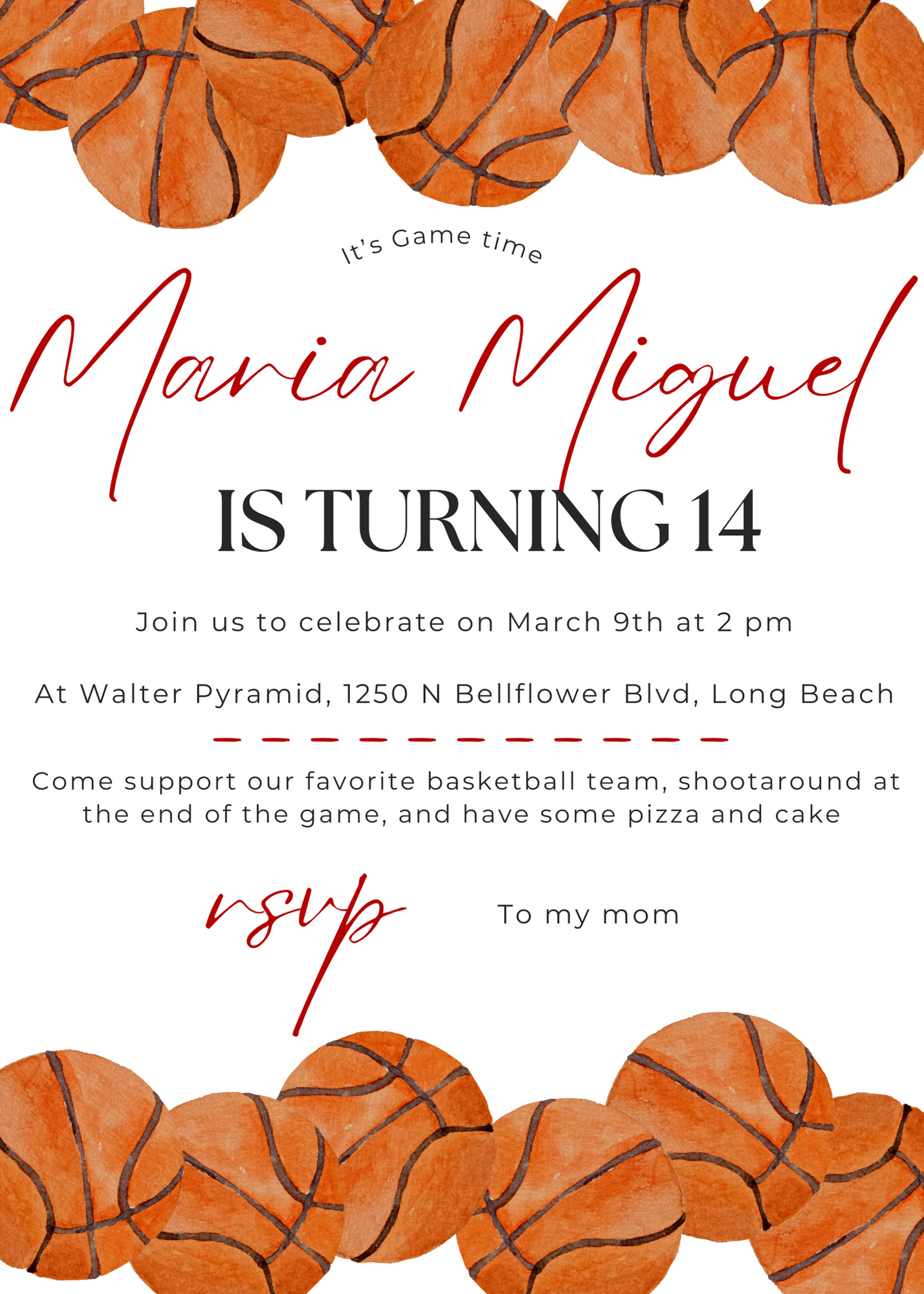 All Star Sports Birthday Invitation: advertisement, poster, ball, basketball, basketball (ball), sport, text