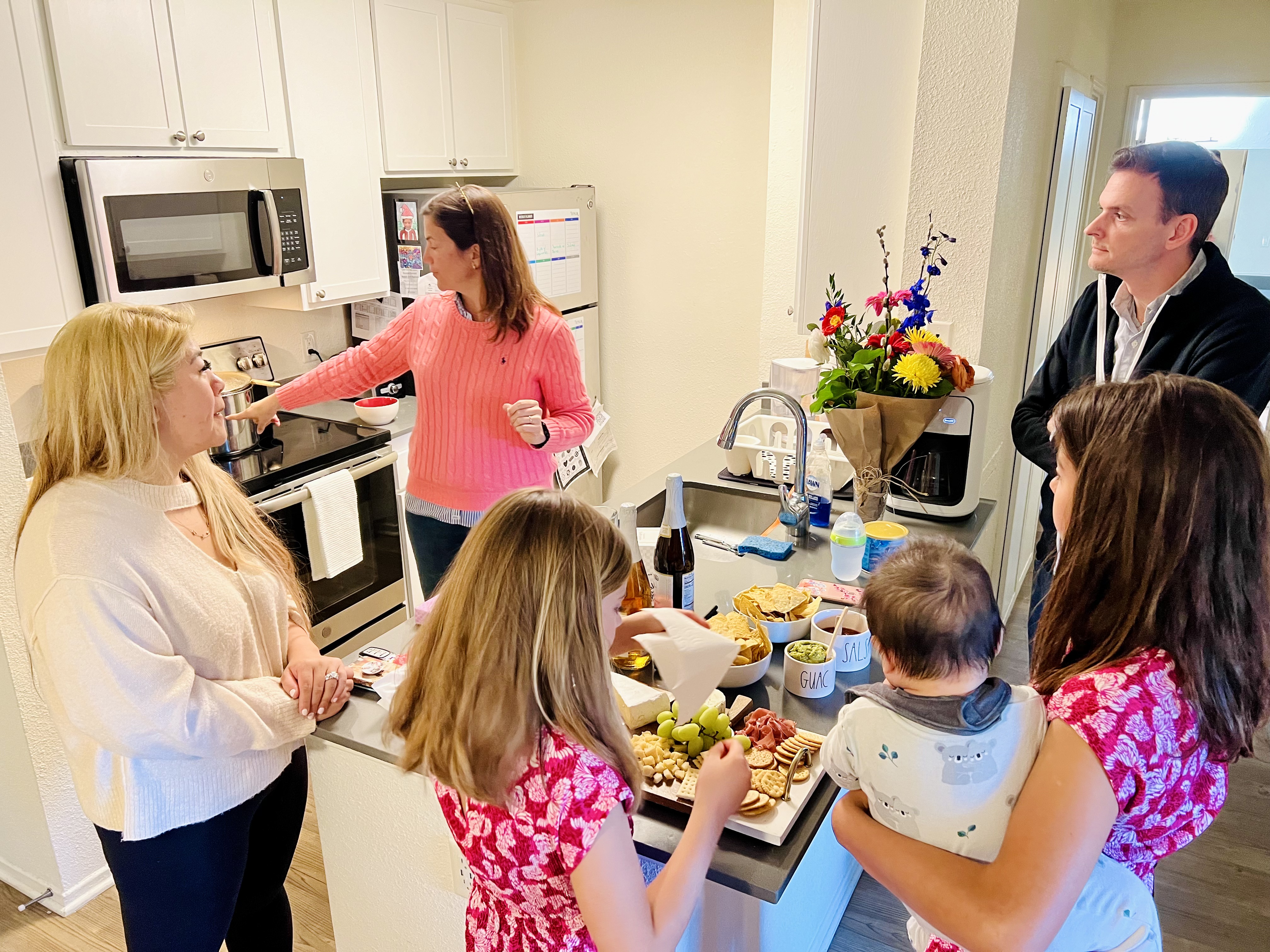 Img: adult, female, person, woman, cup, microwave, child, girl, indoors, meal