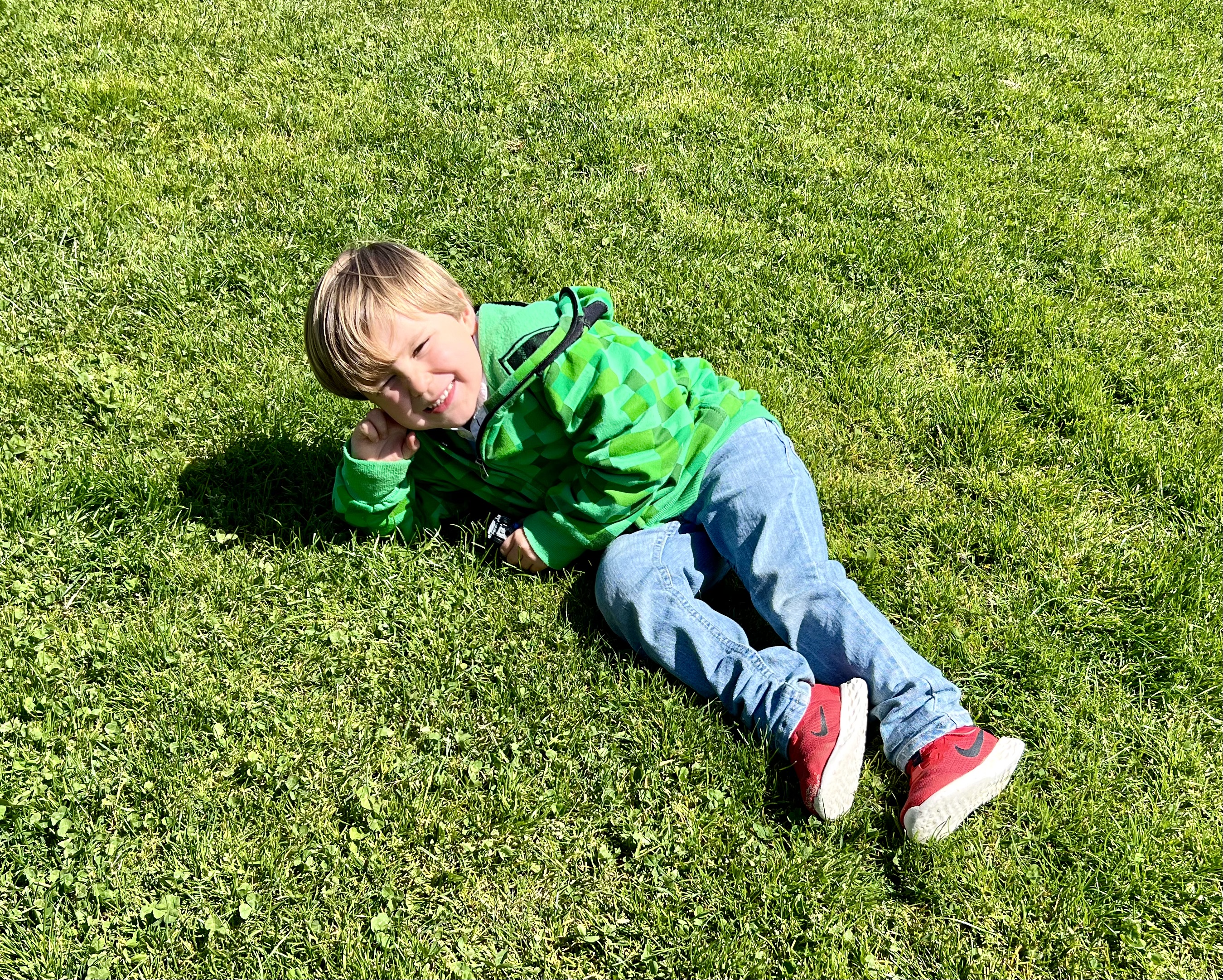 Img: grass, pants, lawn, boy, child, male, person, portrait, park, shoe