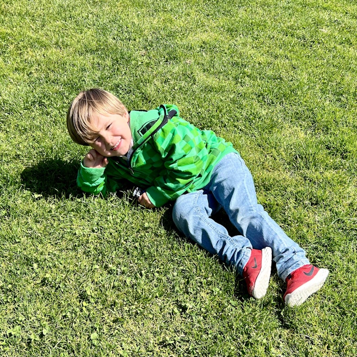 Img: grass, pants, lawn, boy, child, male, person, portrait, park, shoe
