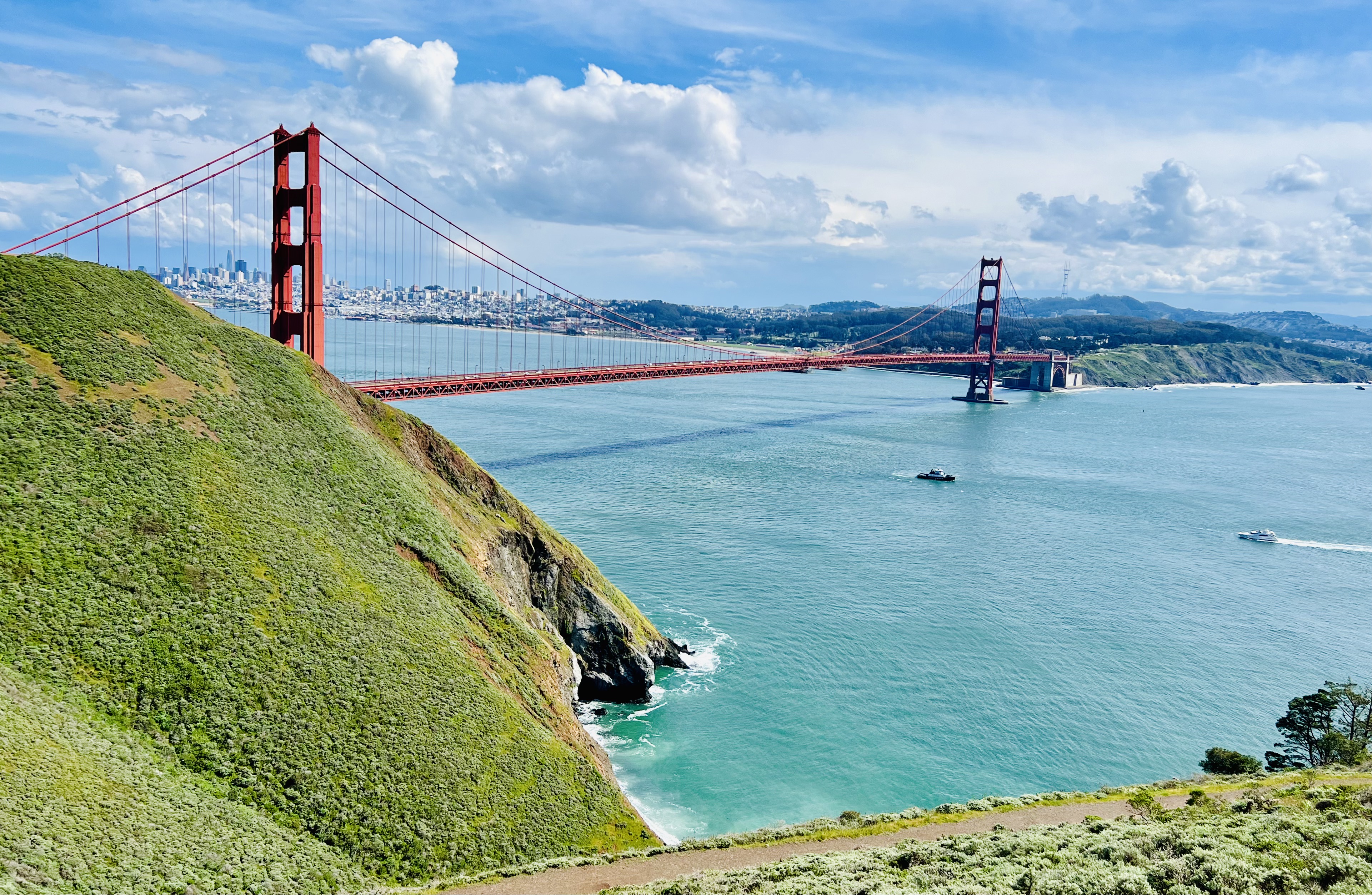 Img: bridge, golden gate bridge, landmark, boat, transportation, vehicle