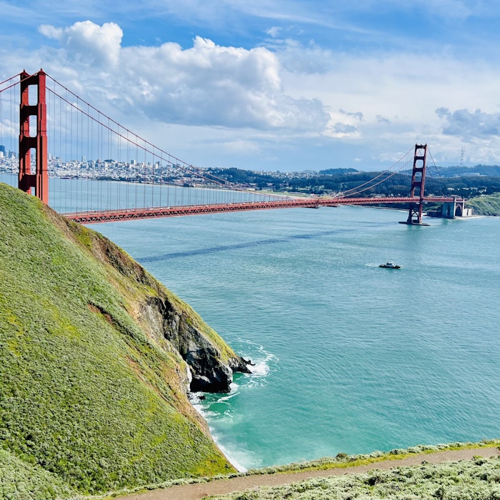 Img: bridge, golden gate bridge, landmark, boat, transportation, vehicle