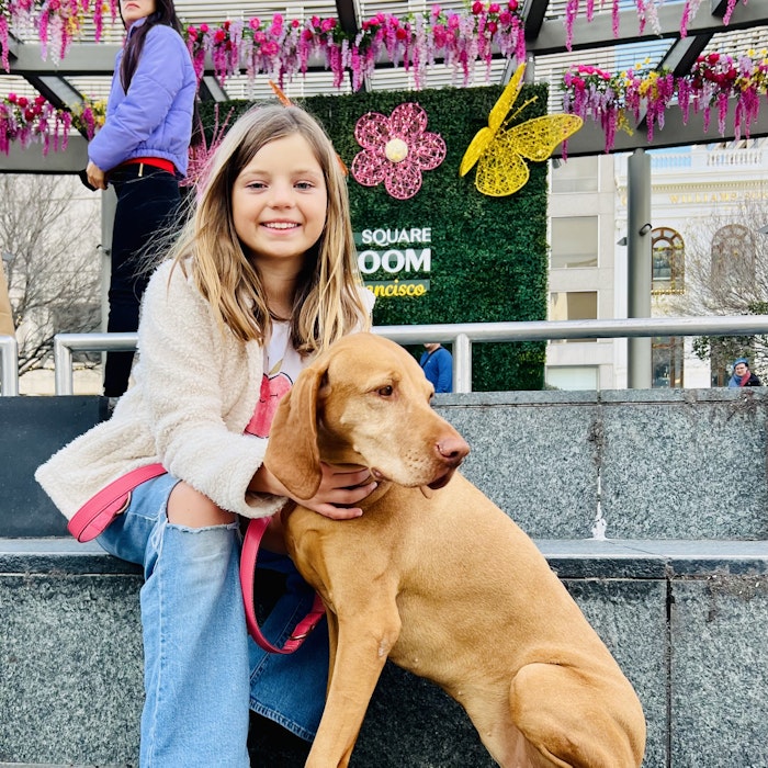 Img: pants, person, photography, portrait, jeans, shoe, purple, dog, hound, flower arrangement