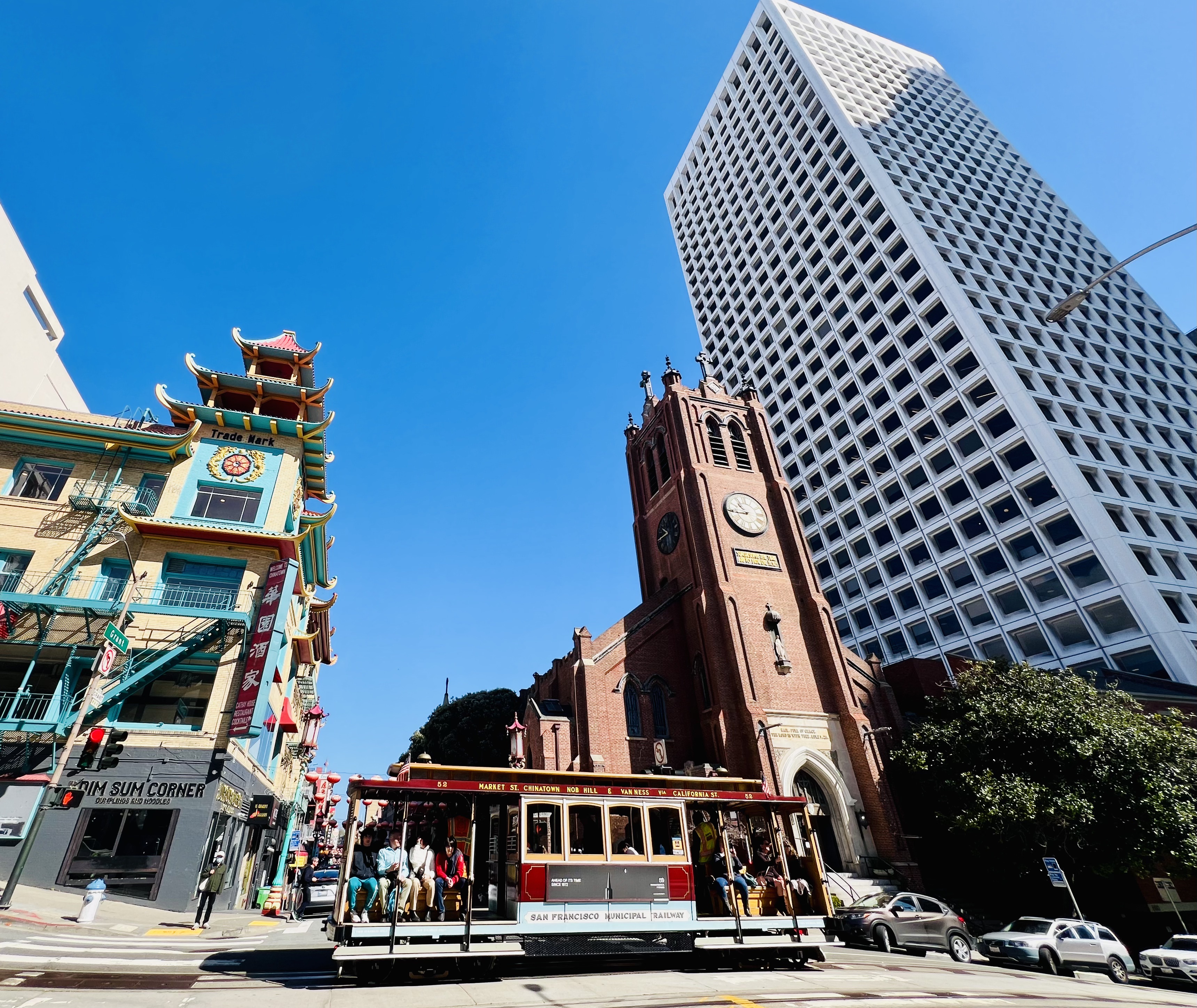 Img: city, urban, cityscape, car, vehicle, clock tower, traffic light, person, bus, metropolis