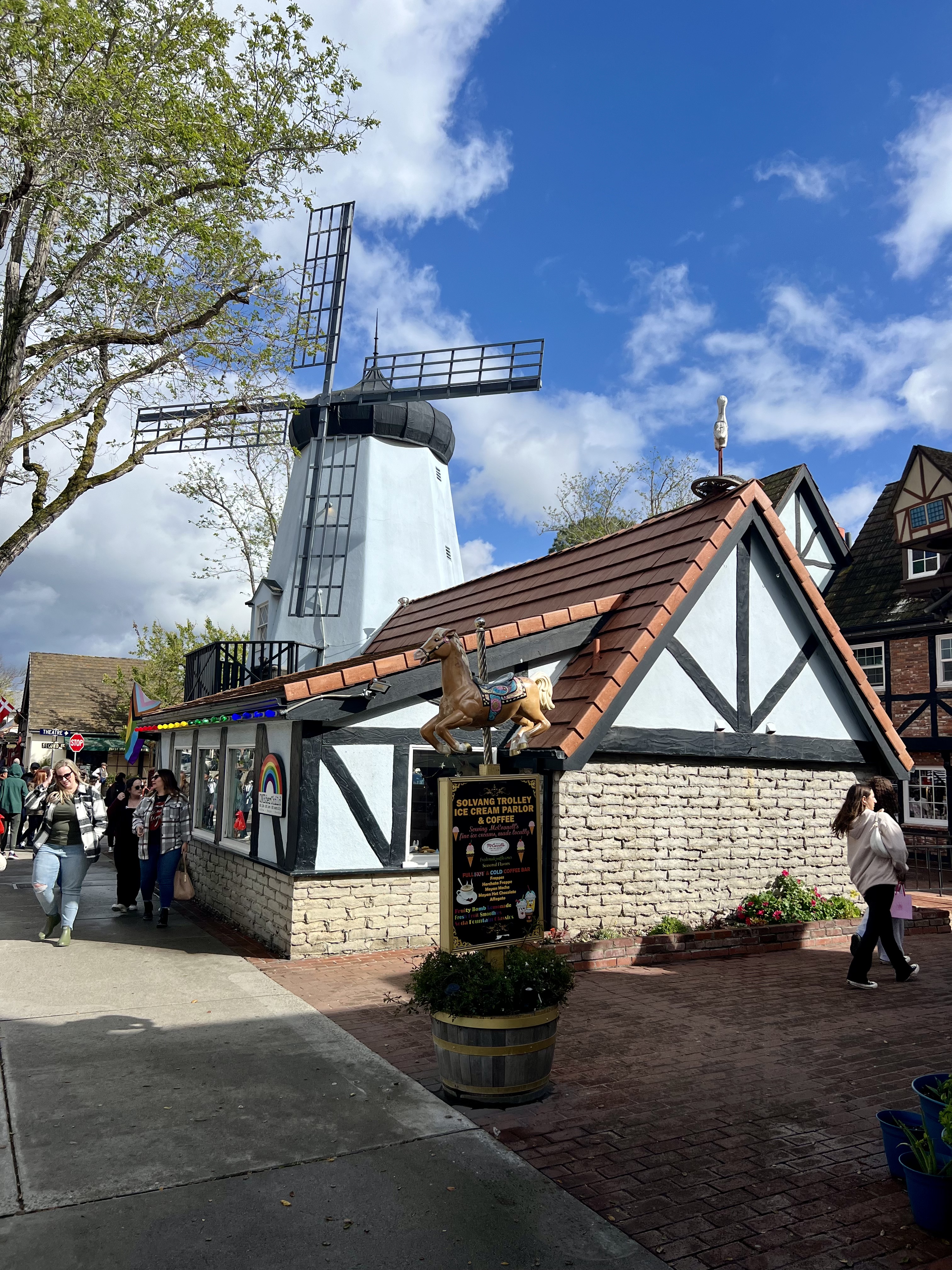 Img: footwear, shoe, handbag, person, outdoors, plant, horse, shelter, road, road sign
