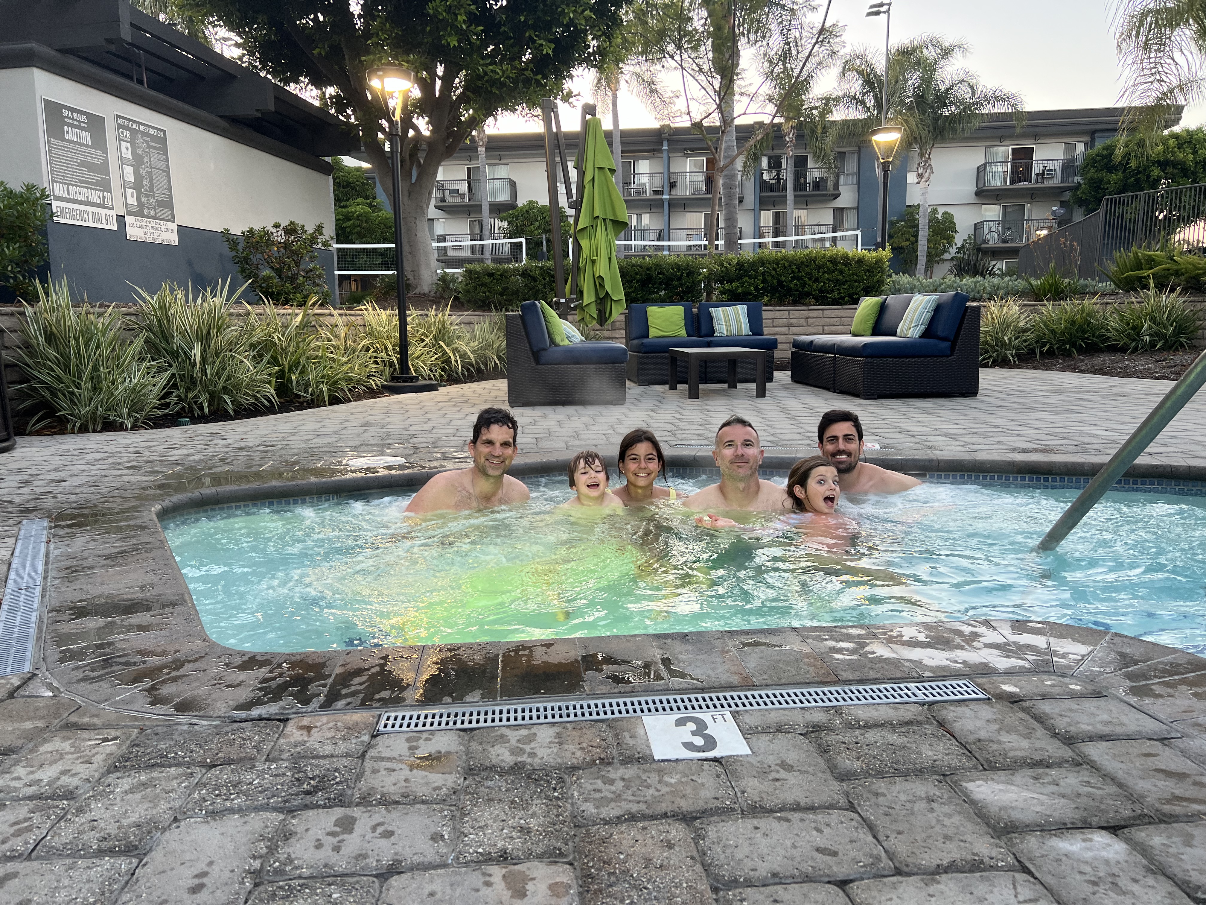 Img: potted plant, pool, hotel, swimming pool, tree, adult, male, man, person, backyard