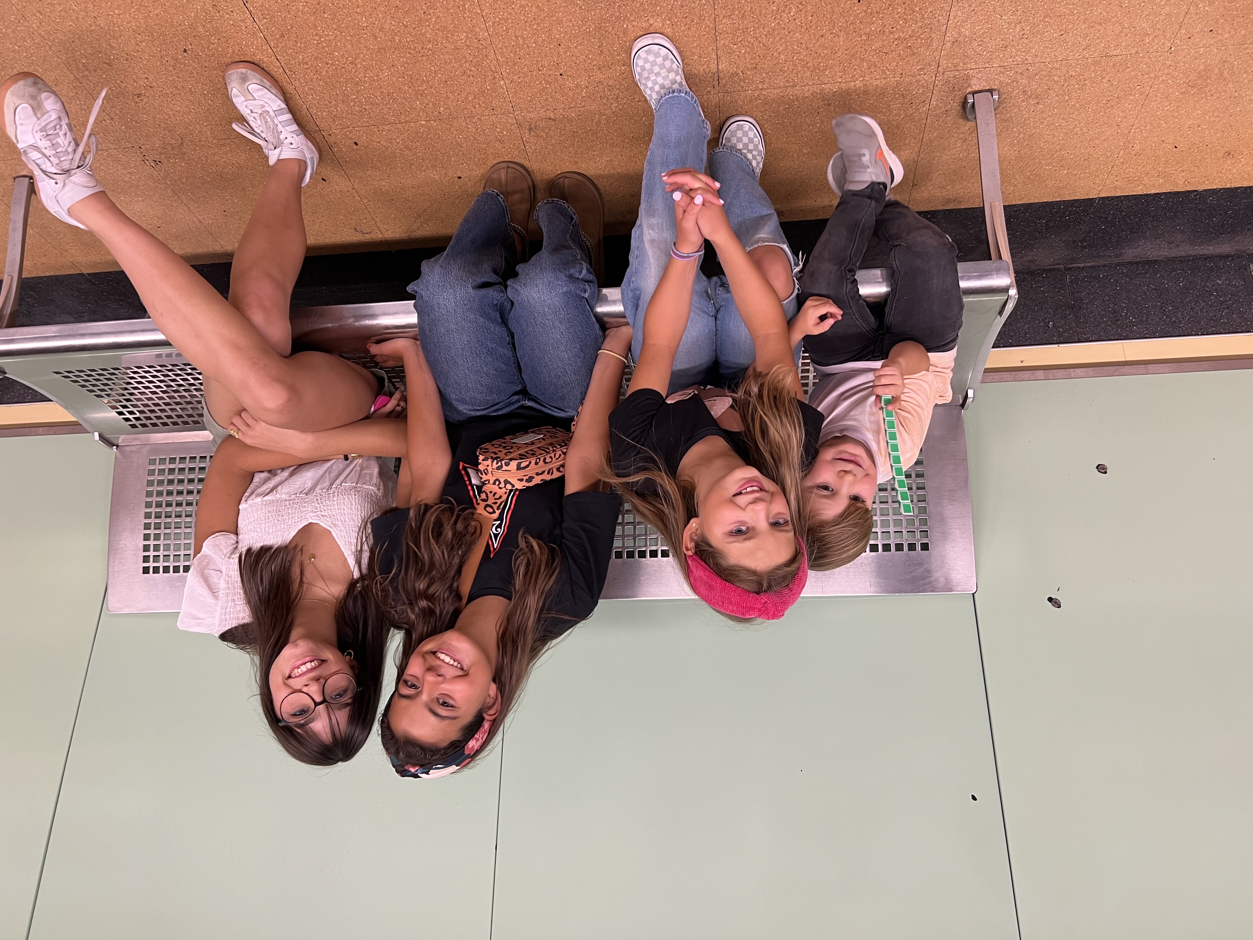 Img: people, person, groupshot, shoe, smile, necklace, female, girl, teen, child