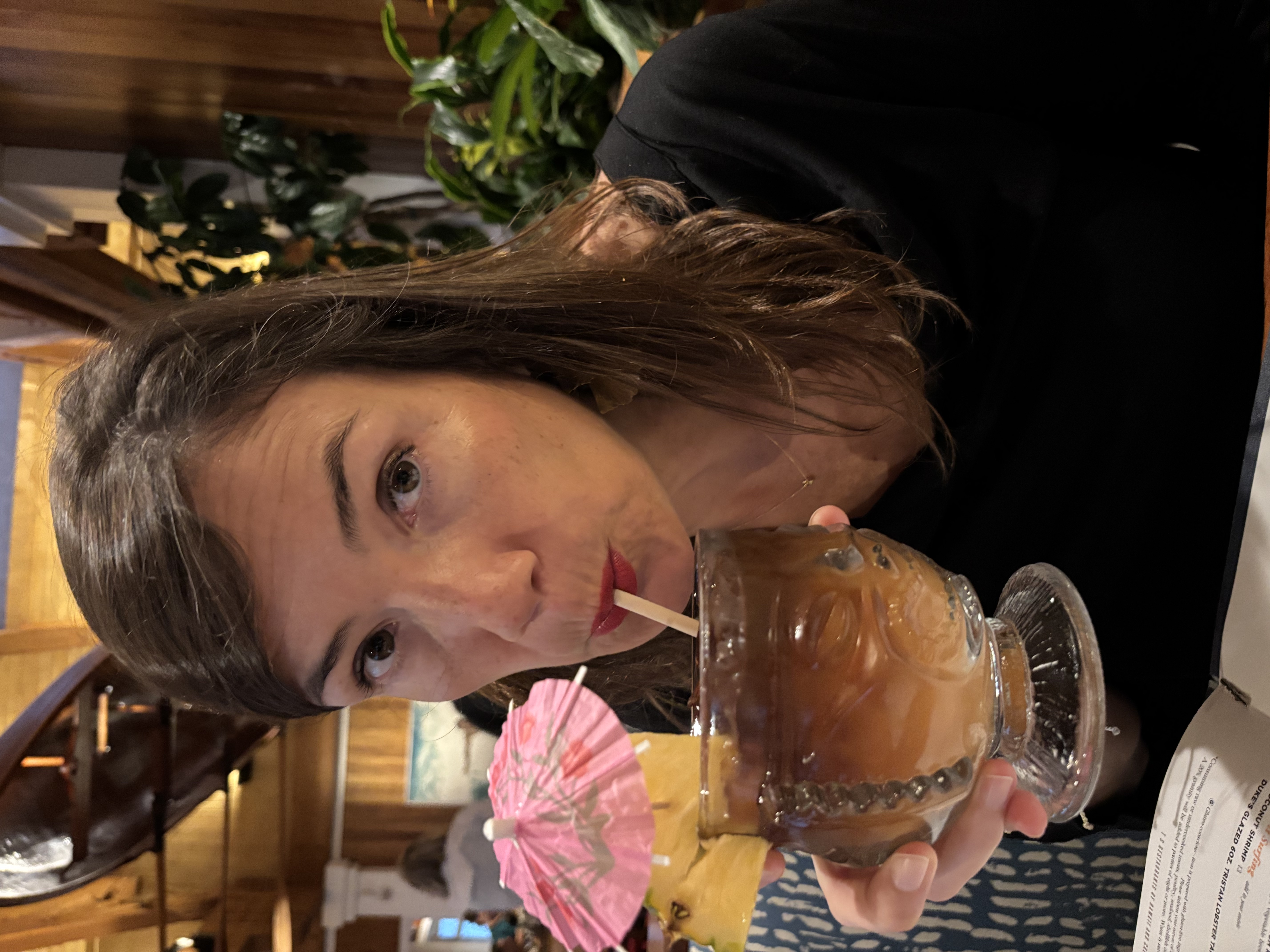 Img: adult, female, person, woman, glass, necklace, beverage, cocktail, cup, face