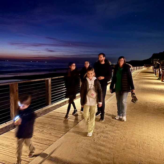 Img: person, walking, waterfront, path, sidewalk, boardwalk, pants, walkway, shoe, handbag