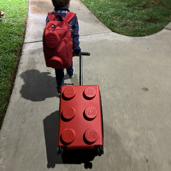 Img: person, walking, grass, path, sidewalk, boy, child, male, shoe, baggage