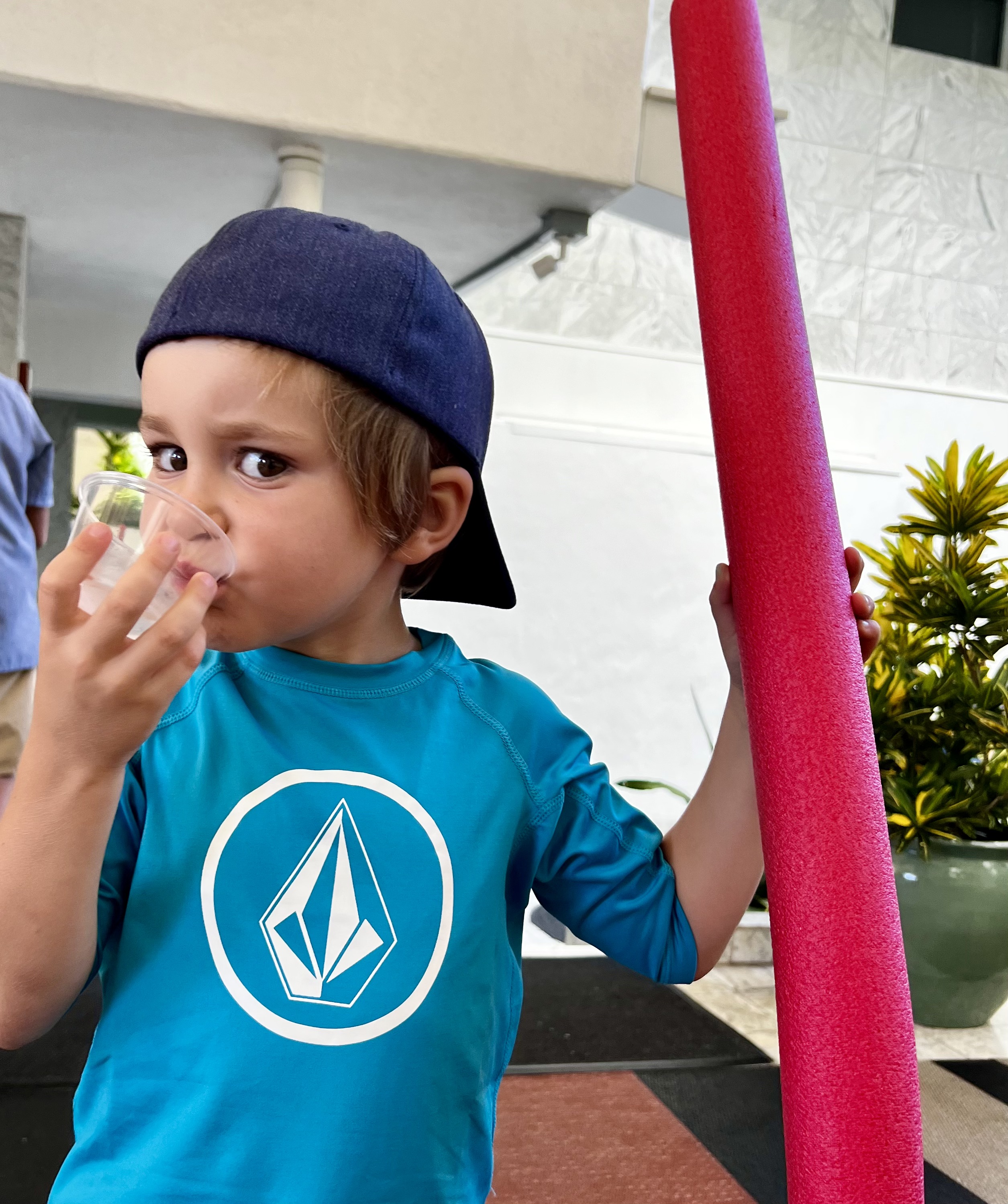 Img: cap, hat, boy, child, male, person, potted plant, beverage, milk, t-shirt