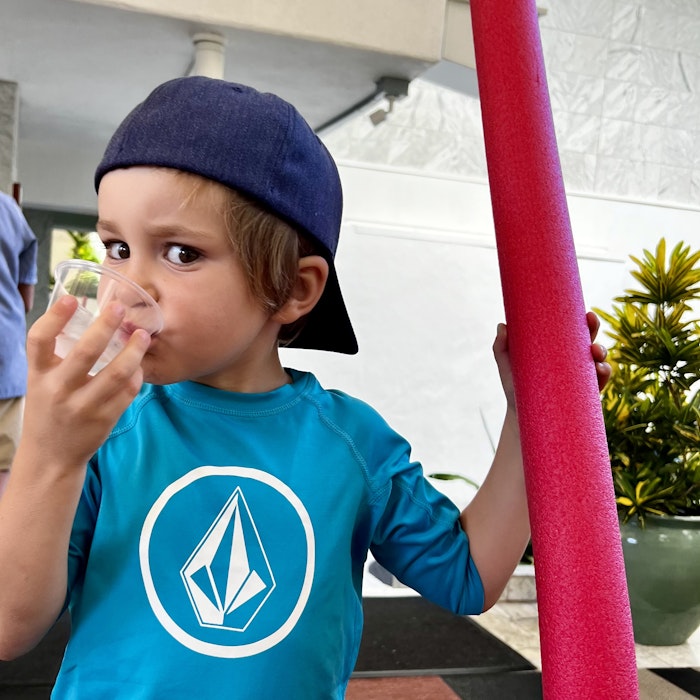 Img: cap, hat, boy, child, male, person, potted plant, beverage, milk, t-shirt
