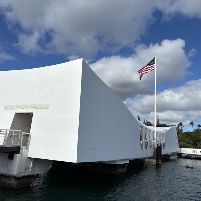 Img: water, waterfront, flag, outdoors, shelter, pier, port, person, arch, handrail