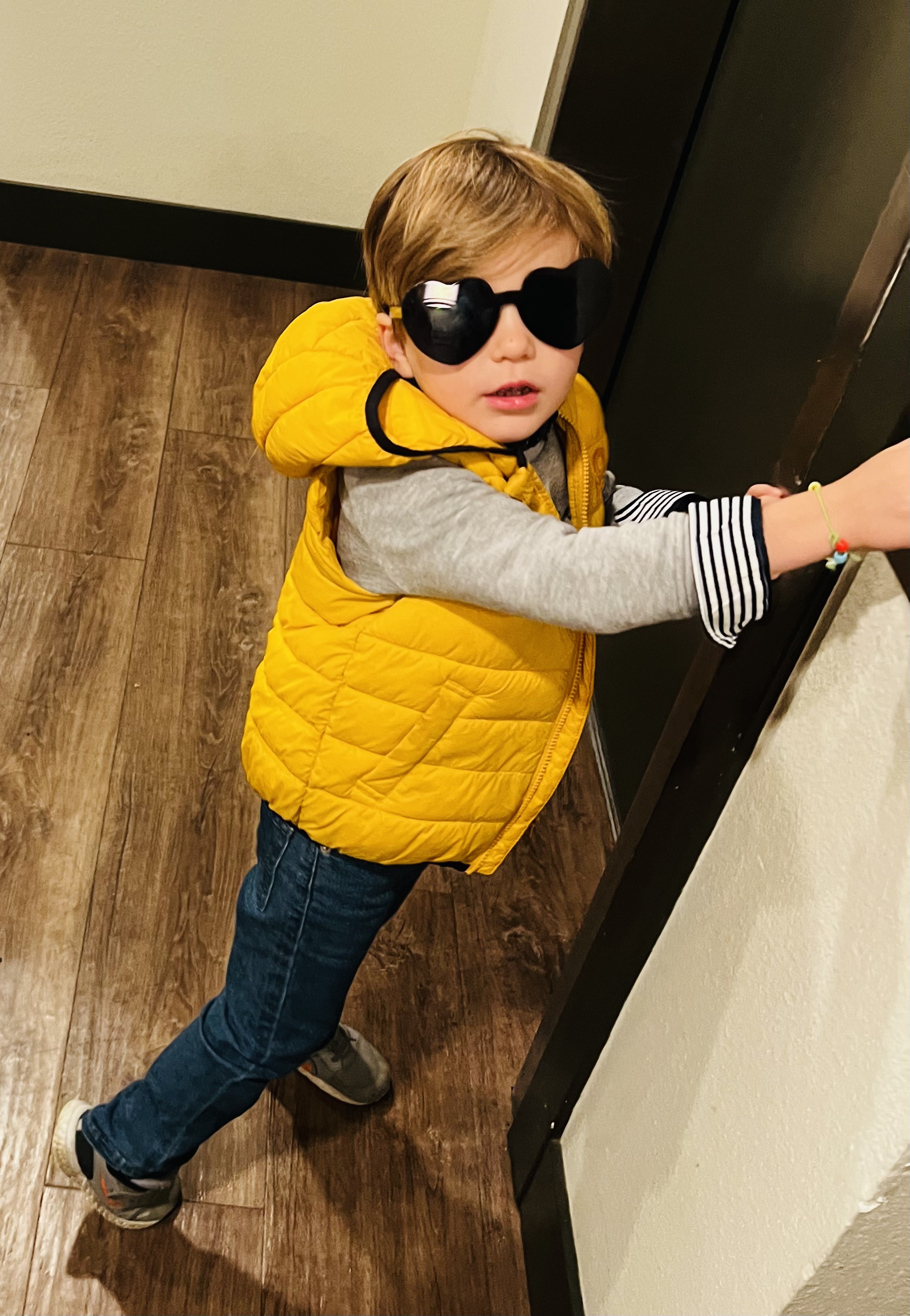 Img: sunglasses, coat, pants, jacket, boy, child, male, person, wood, shoe