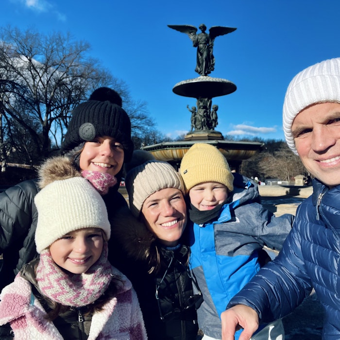 Img: hat, cap, coat, beanie, fountain, jacket, person, baby, adult, woman