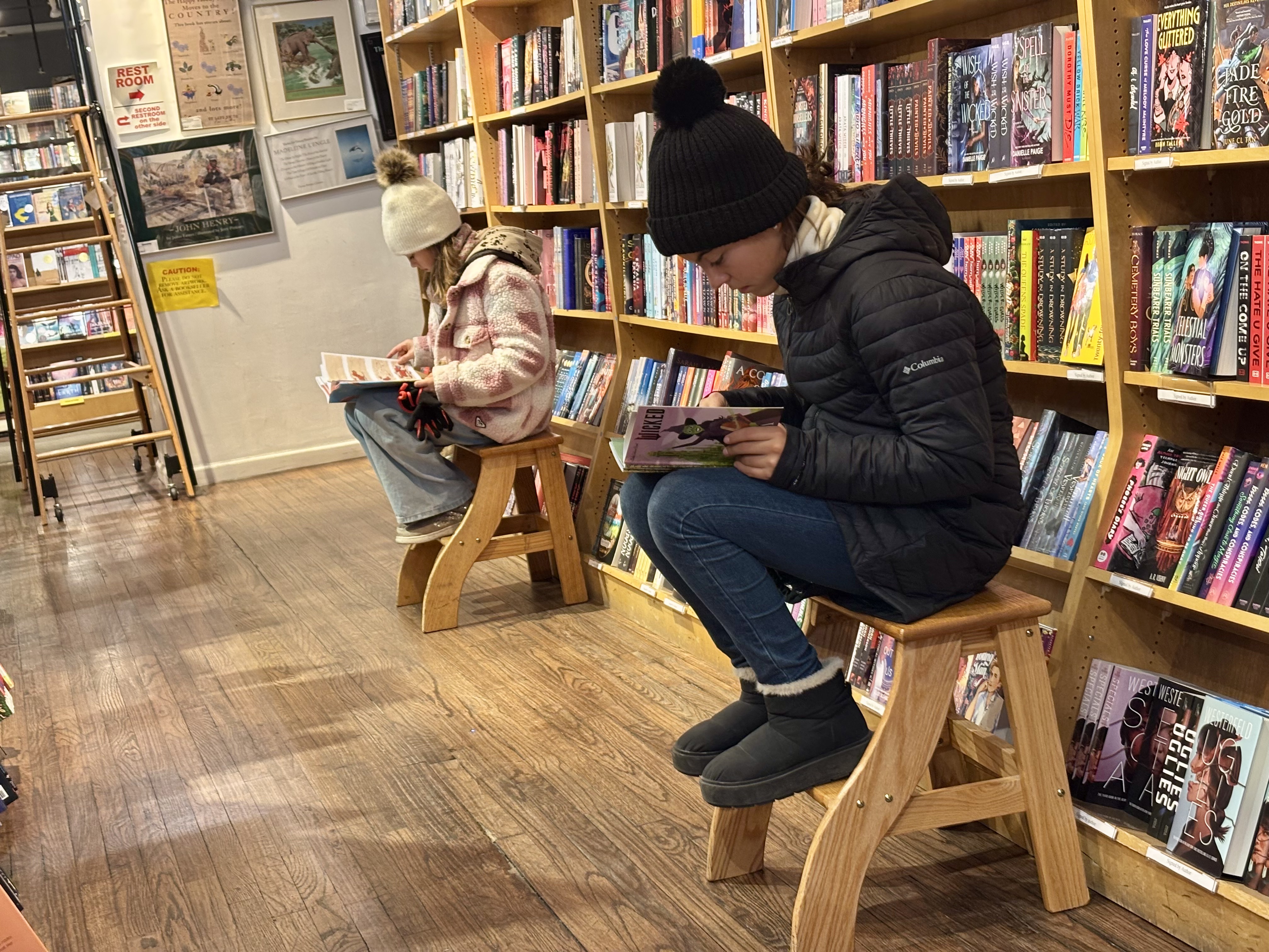 Img: book, publication, person, library, hat, furniture, shoe, bookcase, shop, wood