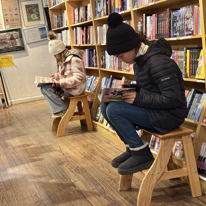 Img: book, publication, person, library, hat, furniture, shoe, bookcase, shop, wood