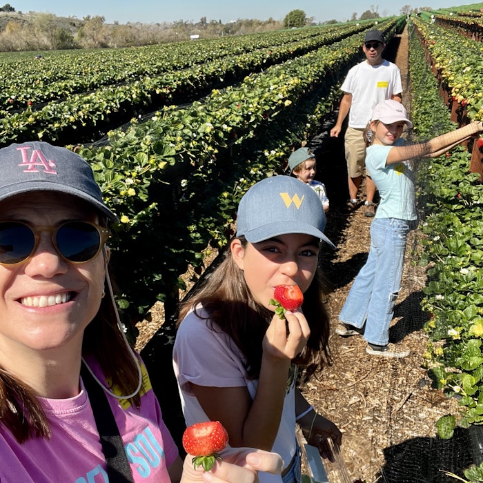 Img: strawberry, person, portrait, shoe, hat, nature, outdoors, glasses, agriculture, cap