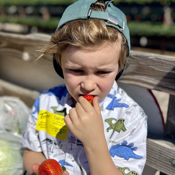 Img: head, person, face, biting, child, female, girl, clothing, hat, eating