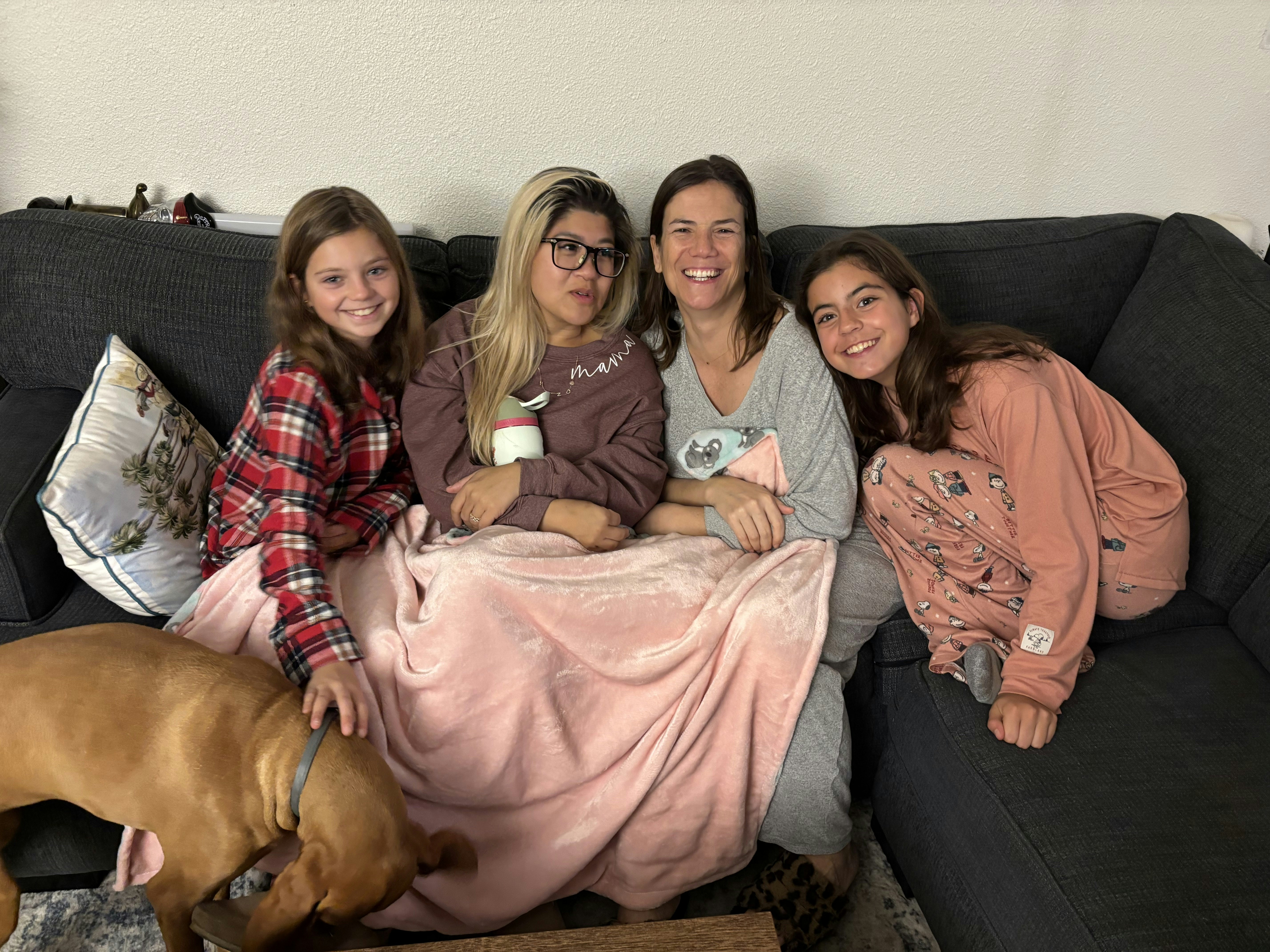 Img: couch, people, person, glasses, cushion, adult, female, woman, portrait, dog
