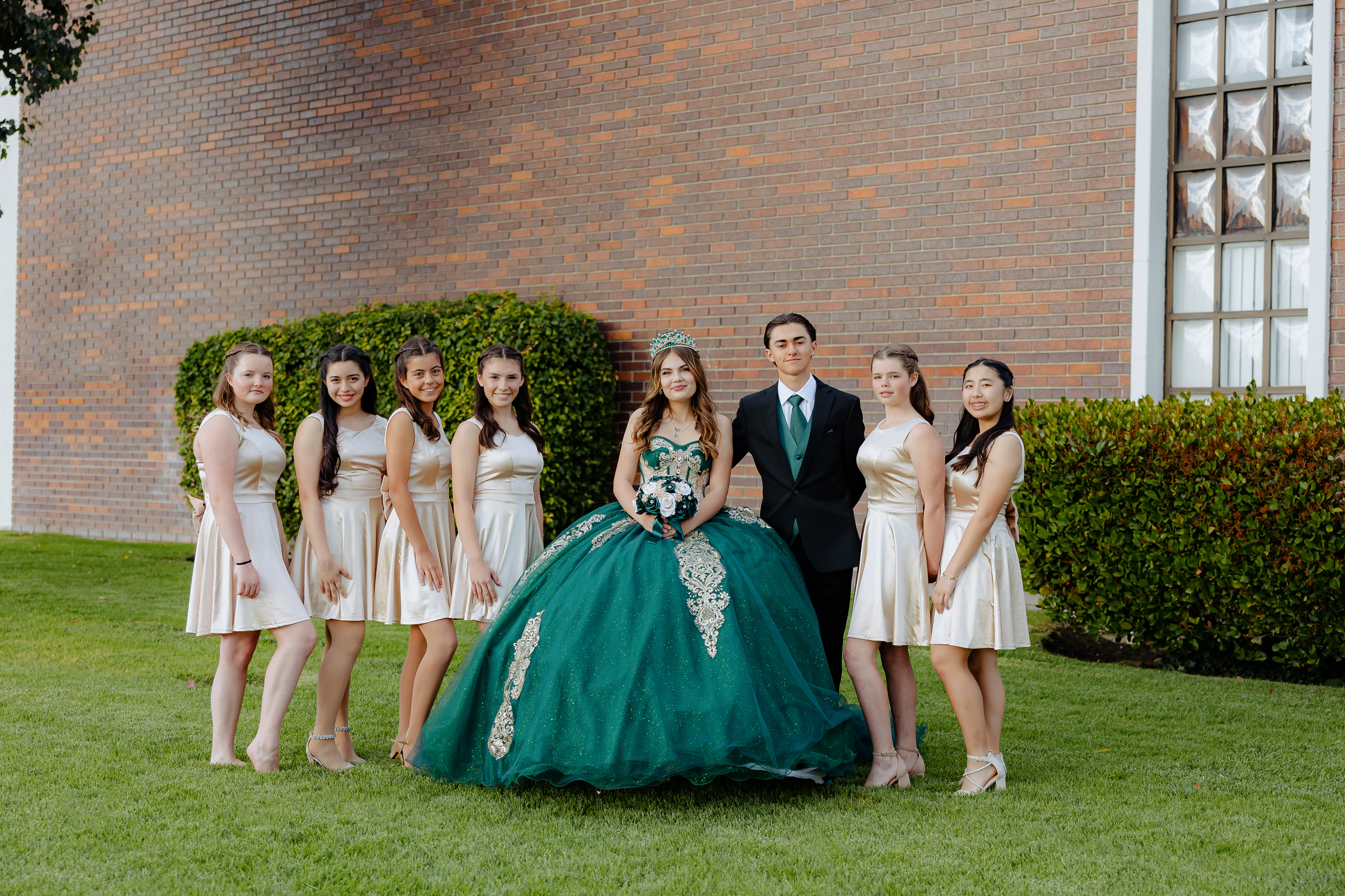 2025: dress, formal wear, grass, groupshot, person, gown, wedding gown, adult, bride, woman