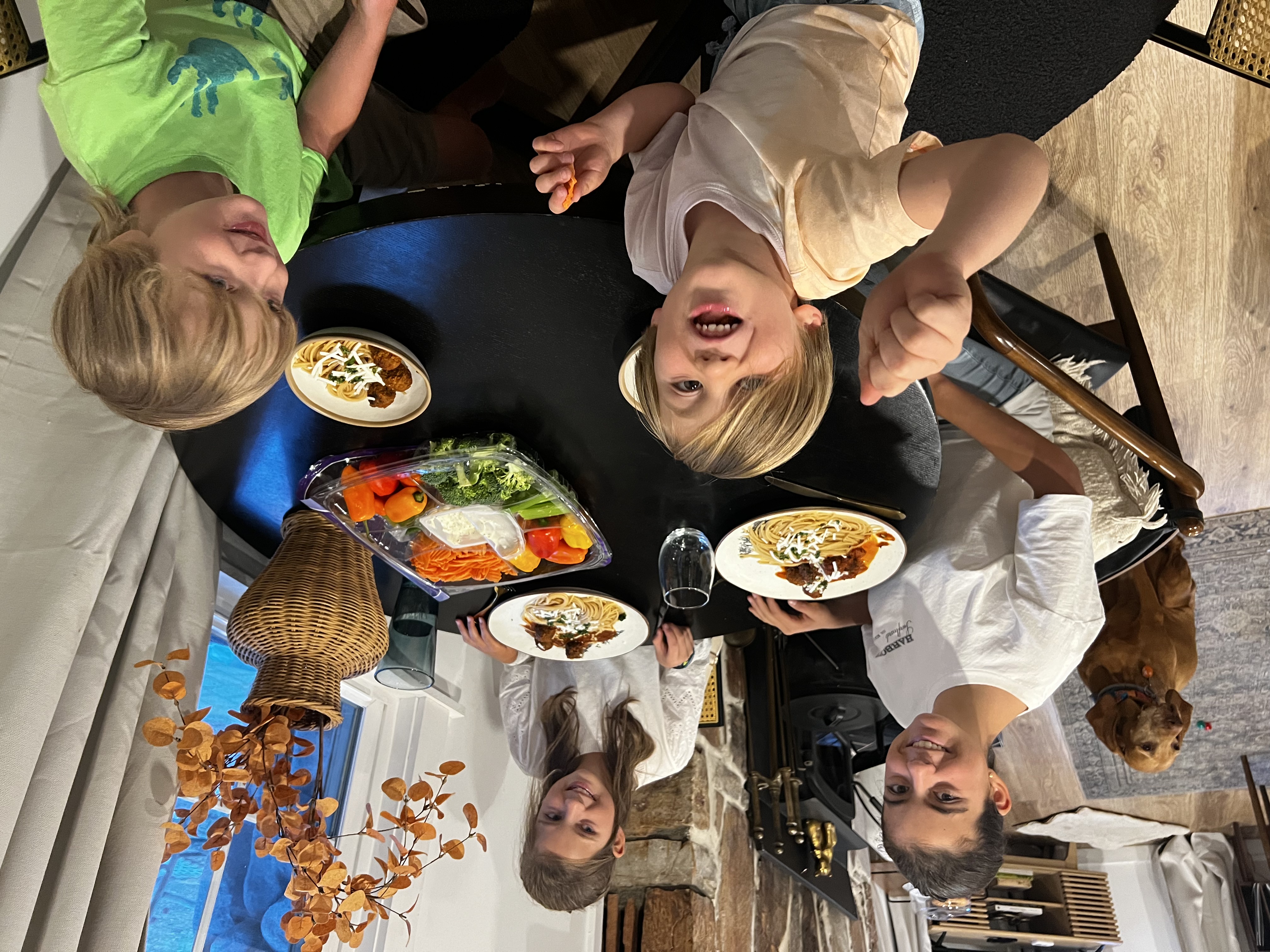 Img: dining table, table, dining room, lunch, meal, person, child, female, girl, plate