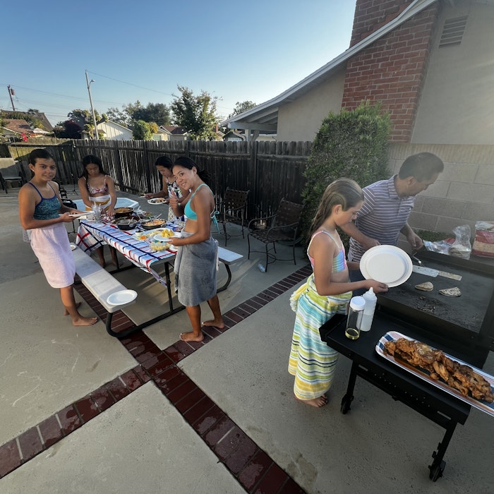 Img: bbq, adult, female, person, woman, bench, chair, male, man, plate
