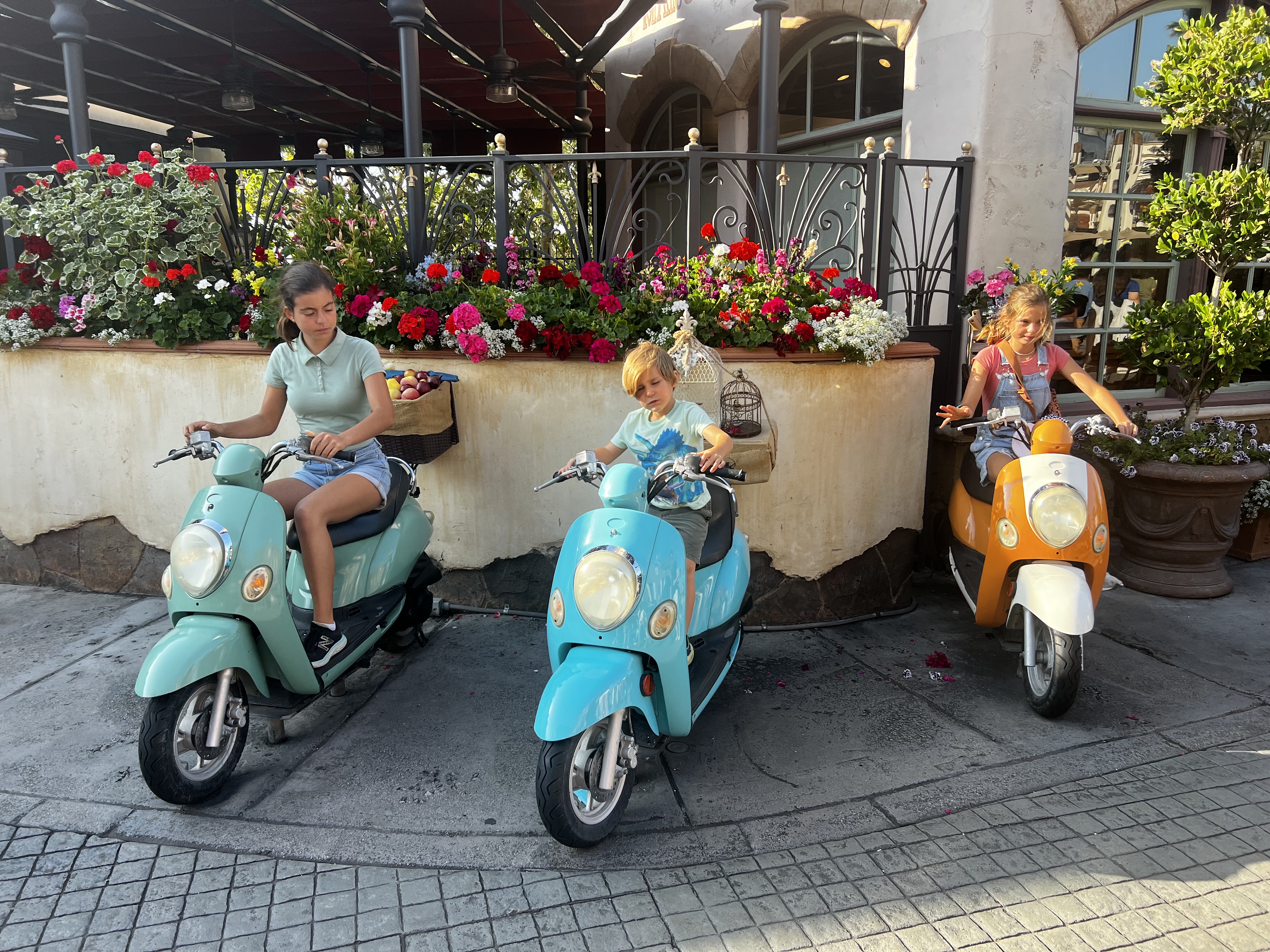 Img: moped, motor scooter, motorcycle, potted plant, person, shoe, scooter, child, female, girl