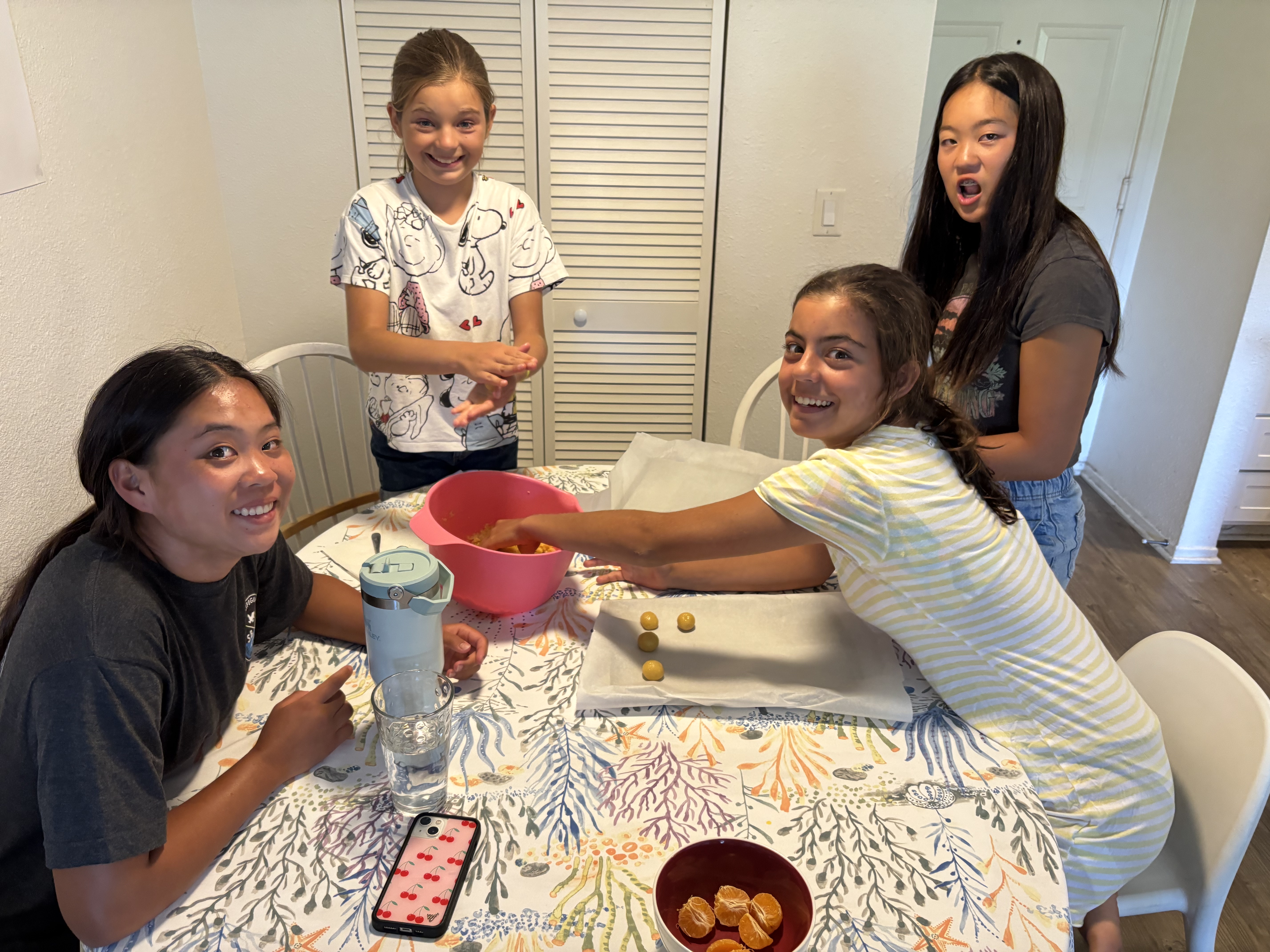 Img: dining room, dining table, table, mobile phone, meal, chair, person, dish, adult, woman