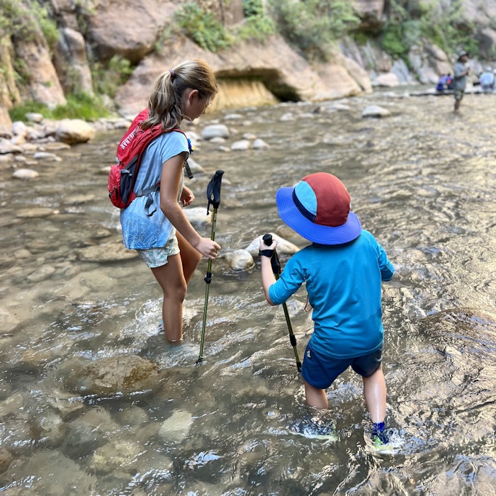 Img: photography, hiking, person, rock, child, female, girl, hat, boy, male