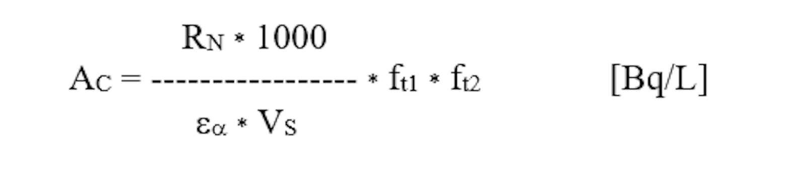 Formula for calculating the activity concentration AC of 226Ra.
