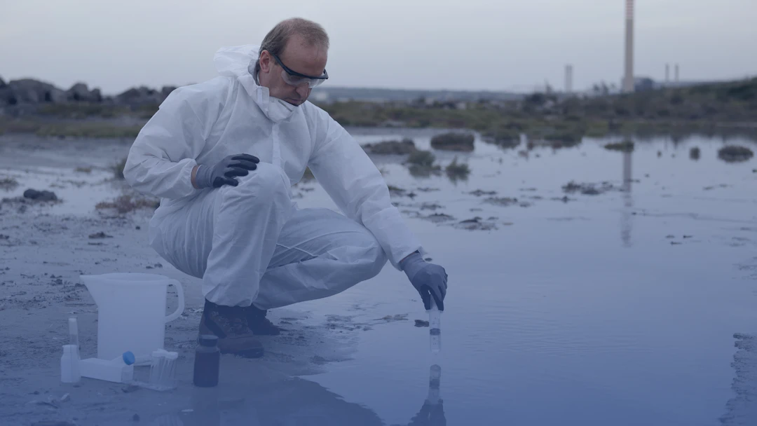 Scientist taking a sample from a puddle