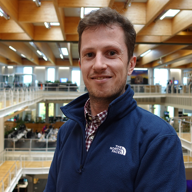 Rob stands in front of the camera, as floors one and two of Sky Central are visible in the background.