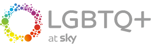 “LGBTQ+ at Sky” logo featuring grey text beside a vibrant circular pattern made up of rainbow-coloured dots.
