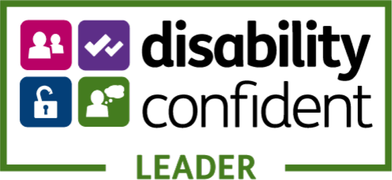 Disability Confident Leader badge with icons for people, checks, locks, and communication.