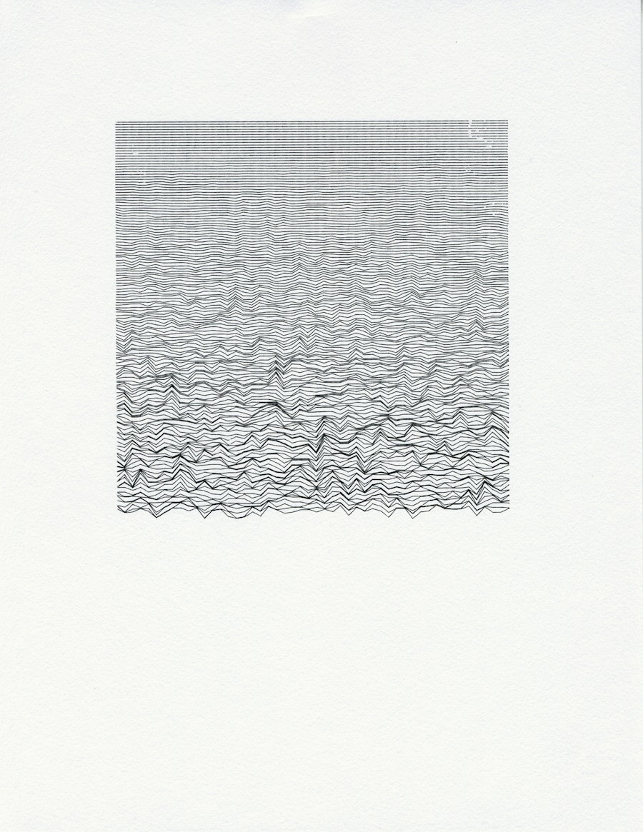 A drawing made up of lines arranged vertically on a page. As the lines move down the screen they become more jagged.
