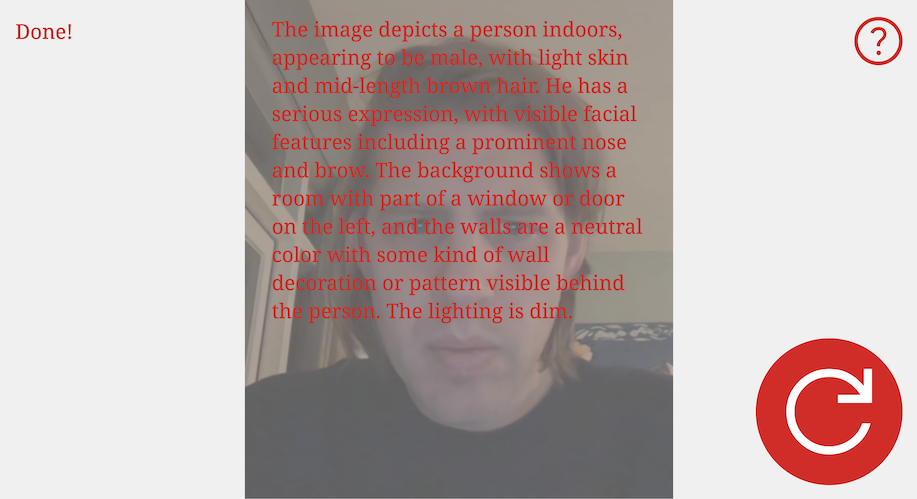 A face overlayed with text, the description of the face as seen by a LLM