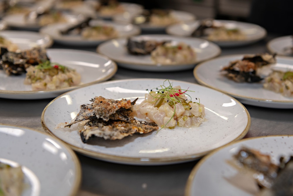 Image for Local Fish Crudo with pickled chilli, burnt honey, and crispy nori