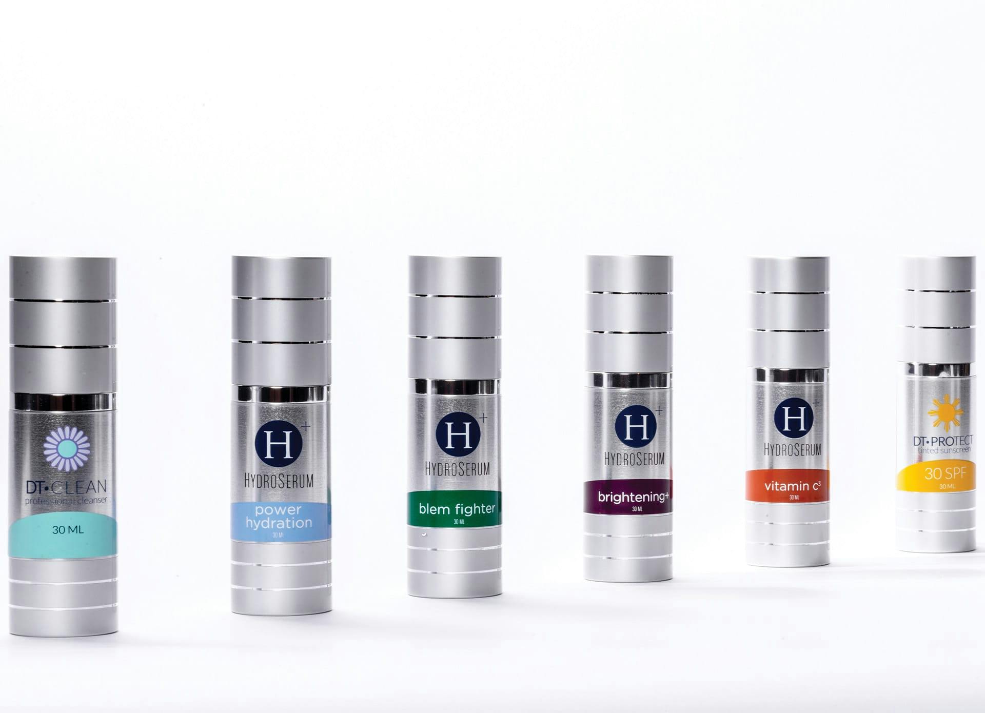 several different types of DiamondTouch Hydroserums lined up against a white background