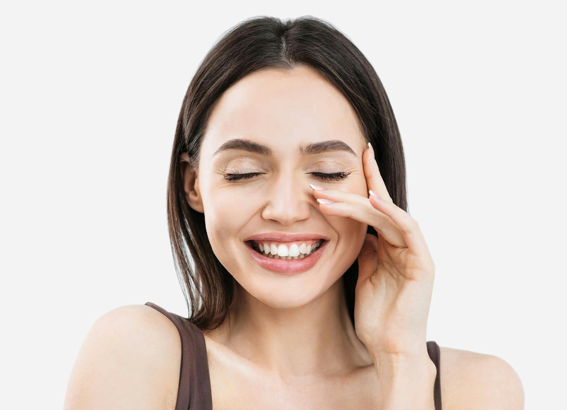 Woman Smiling with Hand by her Face - Hands Banner