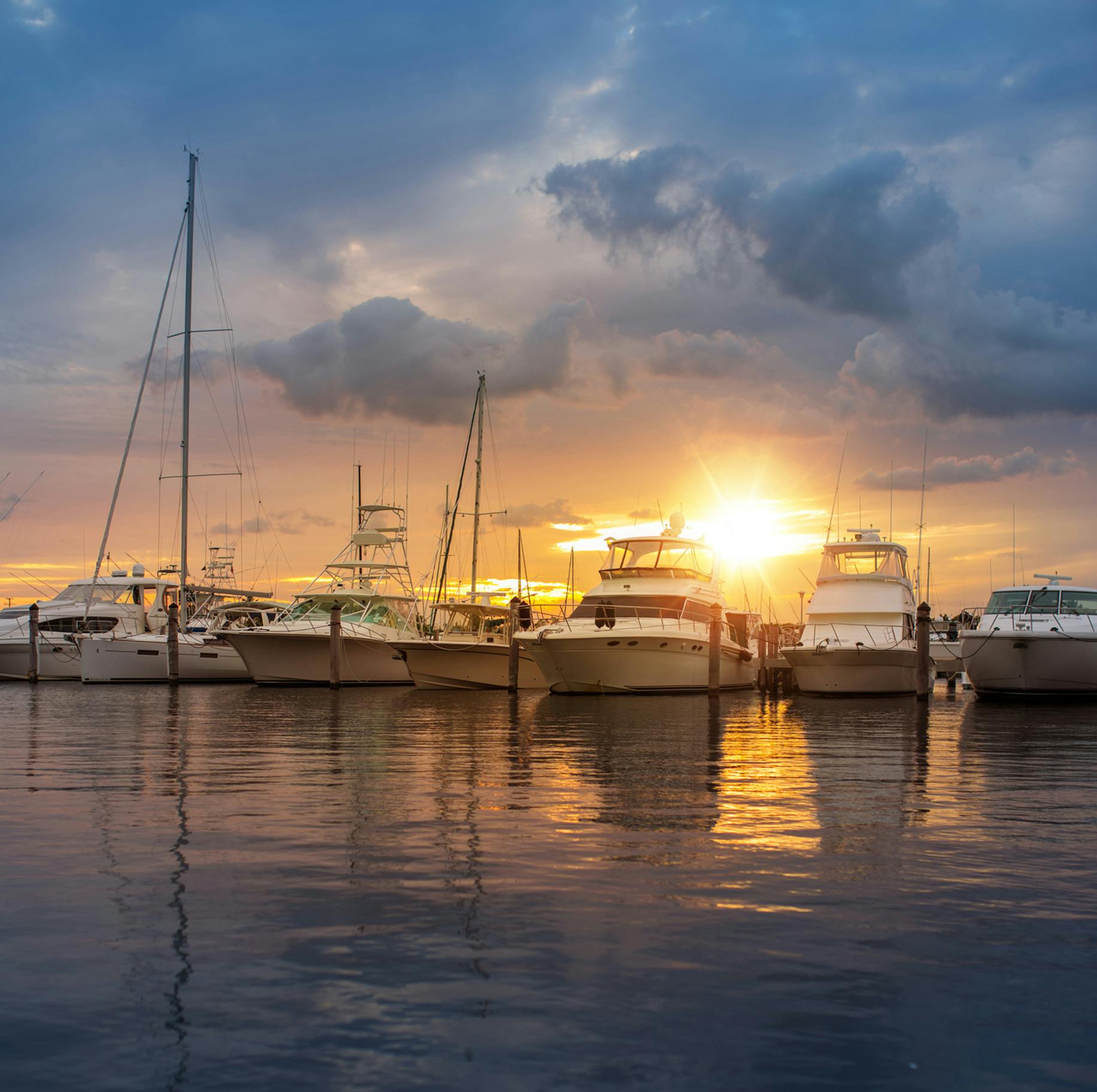 boats in harbor at sunset