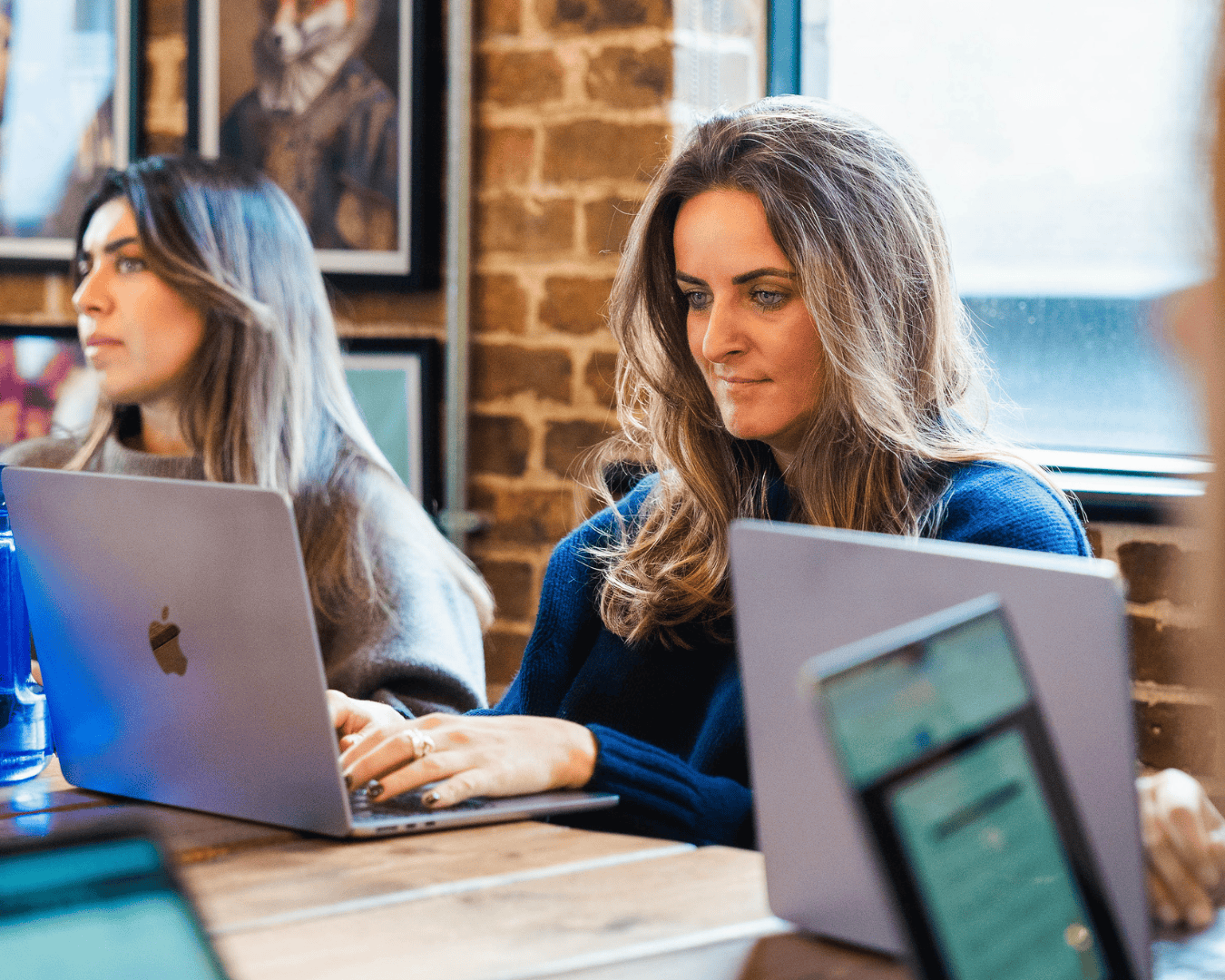Photo of female with brown hair and blue jumper working on an laptop in a meeting
