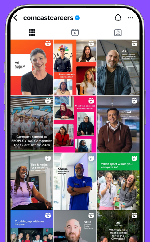 An Instagram grid from "wearenationalgrid" featuring employees in high-visibility clothing, workplace highlights, and inspirational messages.