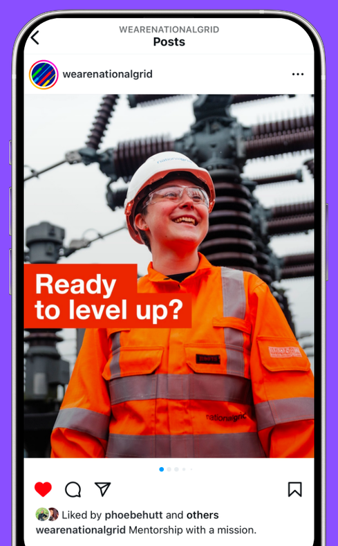 A smiling worker in an orange high-visibility suit and helmet stands near electrical equipment with a text overlay, "Ready to level up?"