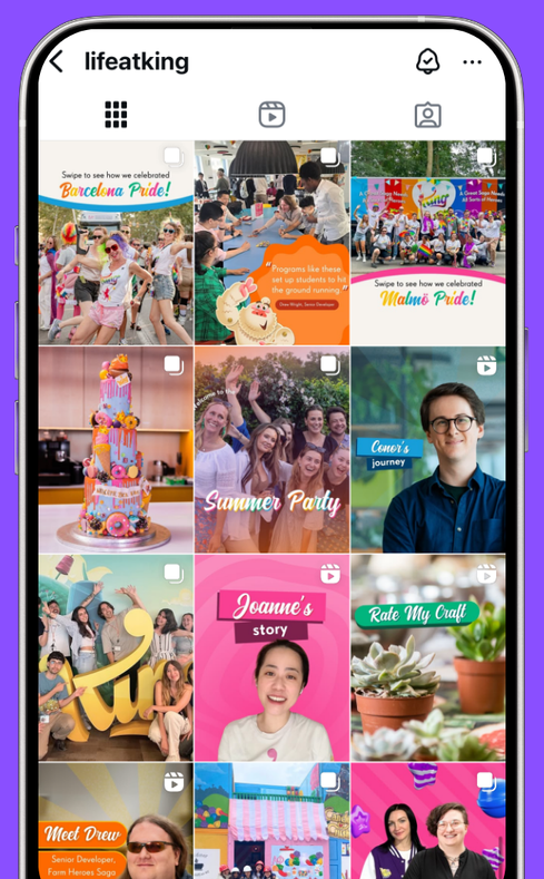 A colorful Instagram grid from "lifeatking" featuring various workplace events, celebrations, and employee highlights.